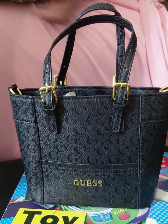 Guess Handbags - GUESS Black Embossed Logo Mini Tote with Gold Hardware